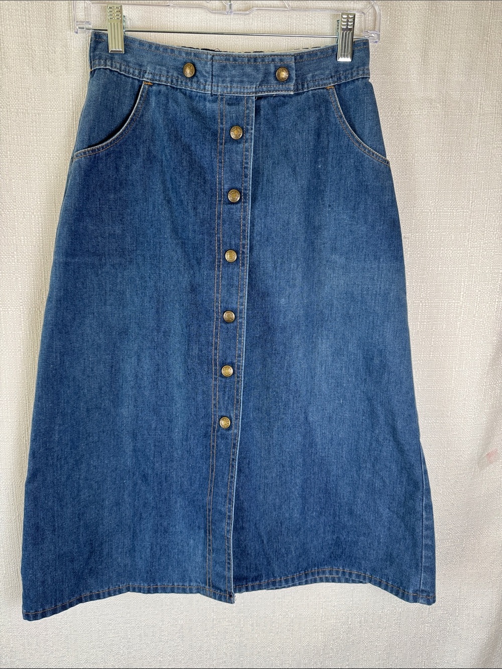 Vintage 70s Fancy Props Wilkins Denim Midi Skirt Snap Front A-Line - Picture 2 of 10